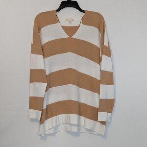 REBORN J Tan/White Striped V-Neck Rib-Knit Long Sleeved Sweater; Size L